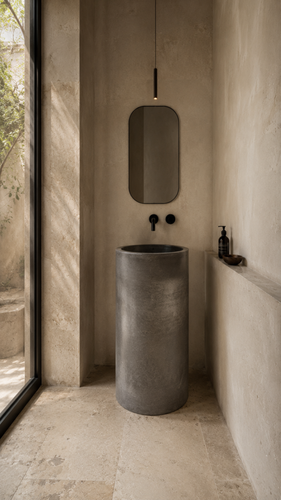 Lavatorio pedestal de diseño en baño minimalista